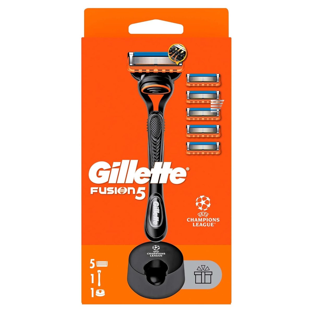 Gillette Fusion Tıraş Makinesi + 5 Adet Yedek Tıraş Bıçağı + Premium Stand Hediyeli Paket