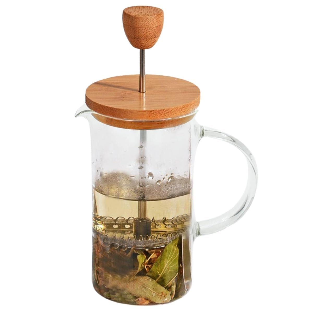 Bambu Kapaklı Cam French Press – Isıya Dayanıklı Çay ve Kahve Demliği, 600 ml Şeffaf Cam, Paslanmaz Çelik Filtreli