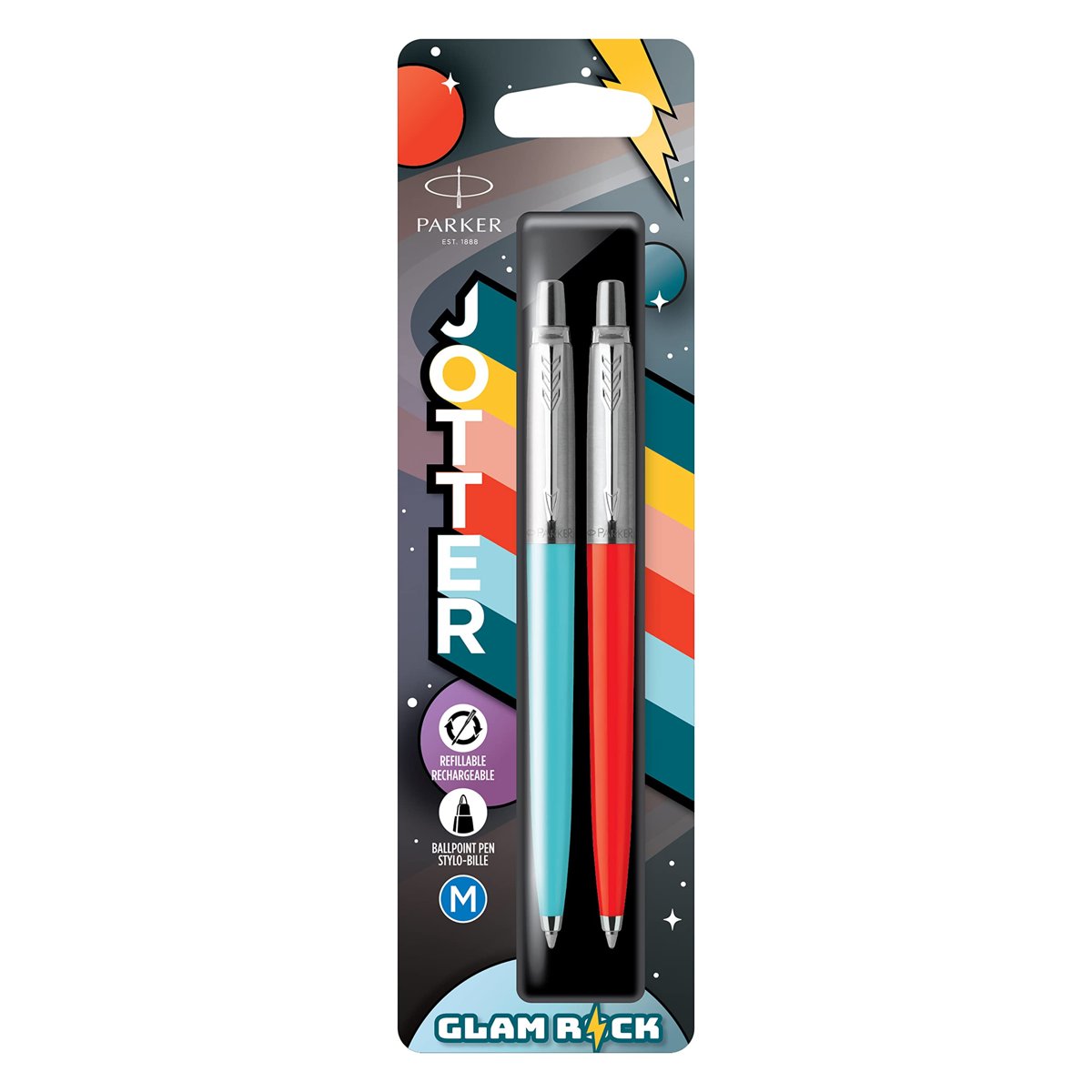 Parker Jotter Originals Tükenmez Kalemler | Glam Rock Koleksiyonu | Azure Mavisi ve Vermilion | Mavi Mürekkep | 2'li Paket