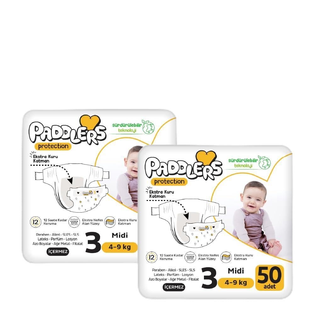 Paddlers Protection Bebek Bezi 3 Numara Midi (4-9 Kg) 100 Adet – 2’li Jumbo Set, Maksimum Koruma