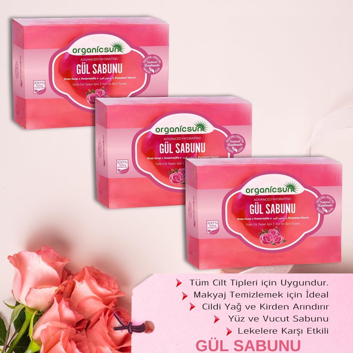 Organicsun Doğal Gül Sabunu 140 Gr x 3 Adet Tüm Cilt Tipleri İçin Onarıcı Besleyici Natural