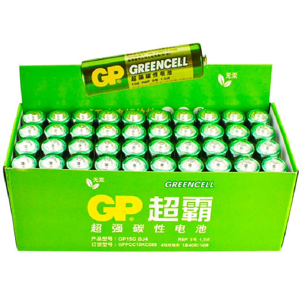 GP Batteries GP15G Greencell R6P/1215/AA Kalem Pil, 1.5 Volt, 40'lı Kutu, Yeşil/Sarı/Beyaz