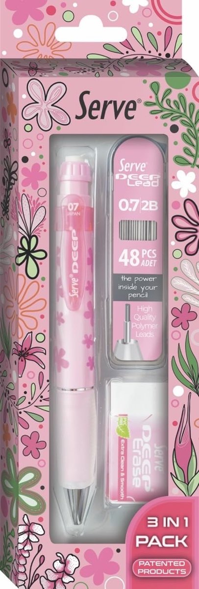 Serve Doğa Desenli Deep Kalem, Deep Silgi ve Deep Min, 0.7 mm, Şeker Pembe