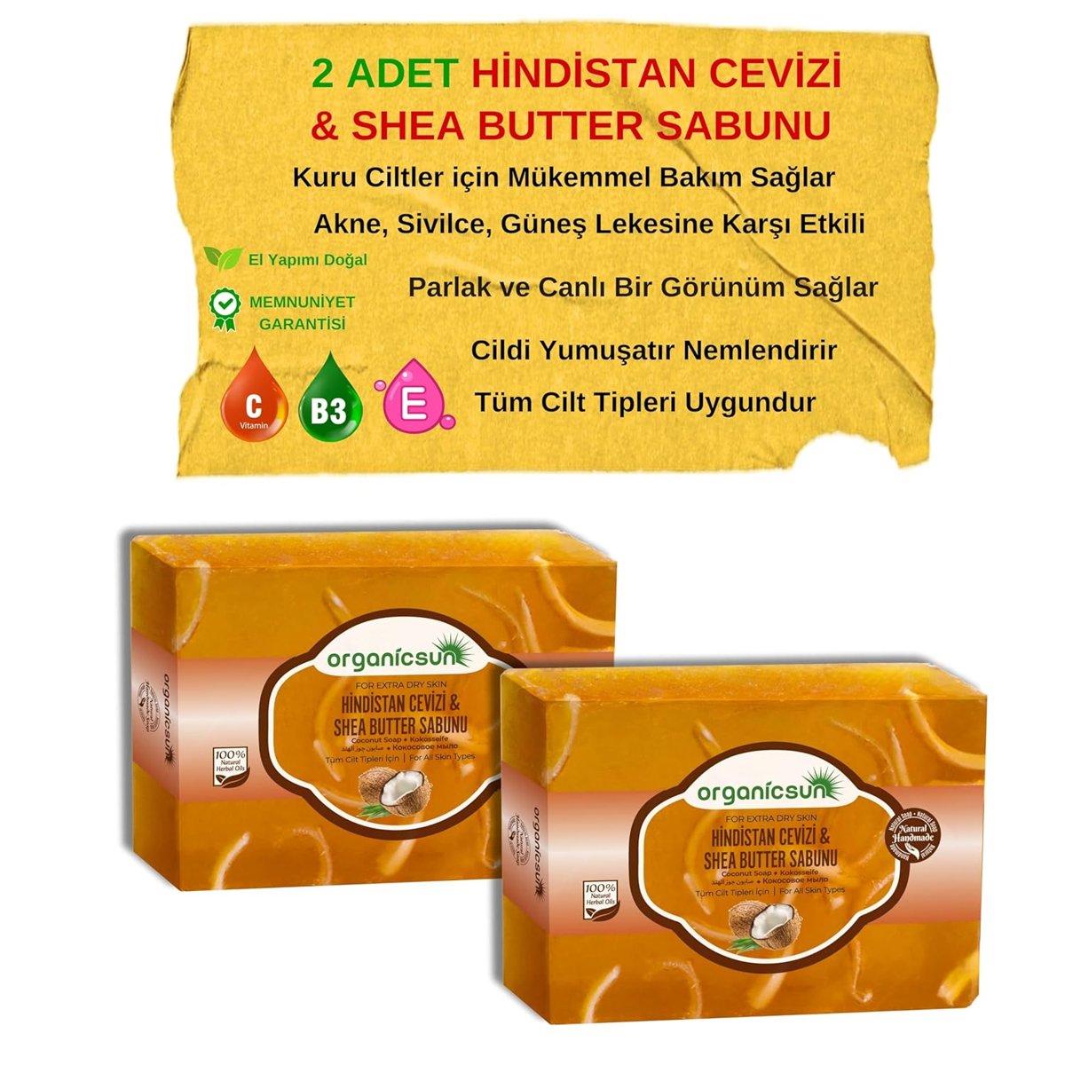 Organicsun Doğal Hindistan Cevizi & Shea Butter Sabunu 140 Gr x 2 Adet Tüm Cilt Tipleri İçin Besleyici ve Onarıcı Etkili