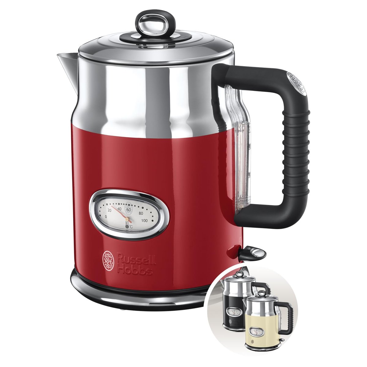 Russell Hobbs 21670-70 Su Isıtıcı, 1.7L, 2400W, Hızlı Kaynatma Özelliği, Retro Tasarım, Su Sıcaklığı Göstergesi, Doldurma Miktarı İşaretlemesi, Mükemmel Su Dökme Ağzı, Eski Çay Makinesi [Enerji Sınıfı A], Kırmızı