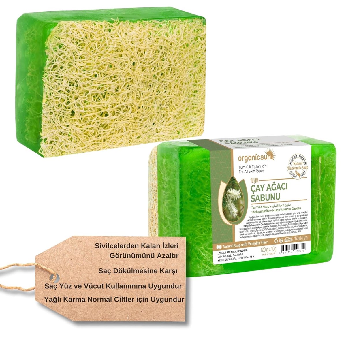 Organicsun Doğal Kabak Lifli Çay Ağacı Sabunu 120 Gr 1 Adet Tüm Cilt Tipleri İçin Sivilce ve Siyah N
