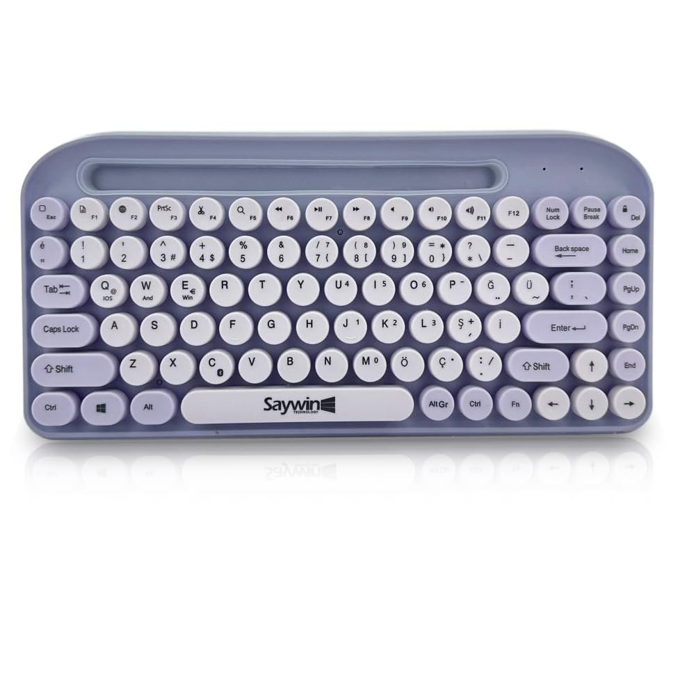 Saywin Bluetooth Klavye Renkli Retro Kablosuz Klavye Daktilo Görünümlü Tuş Tasarımı Şık ve Kullanışlı Telefon Koyma Gözü Pilli Türkçe Q Klavye SW-05 (Mor)
