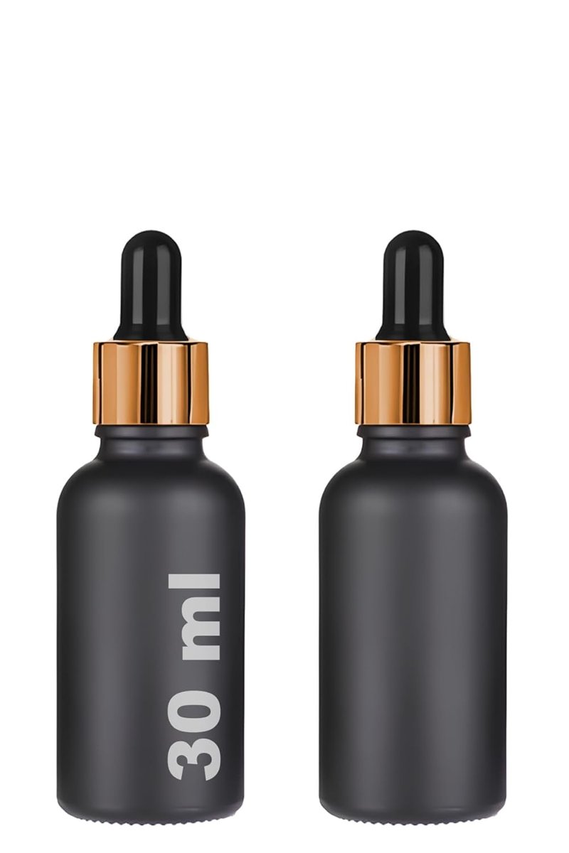 30 ml Mat Siyah Cam Damlalıklı Serum Şişesi 30 cc Renkli Metal Kapaklı Dropper Cam Şişe 2 Adet (Gold