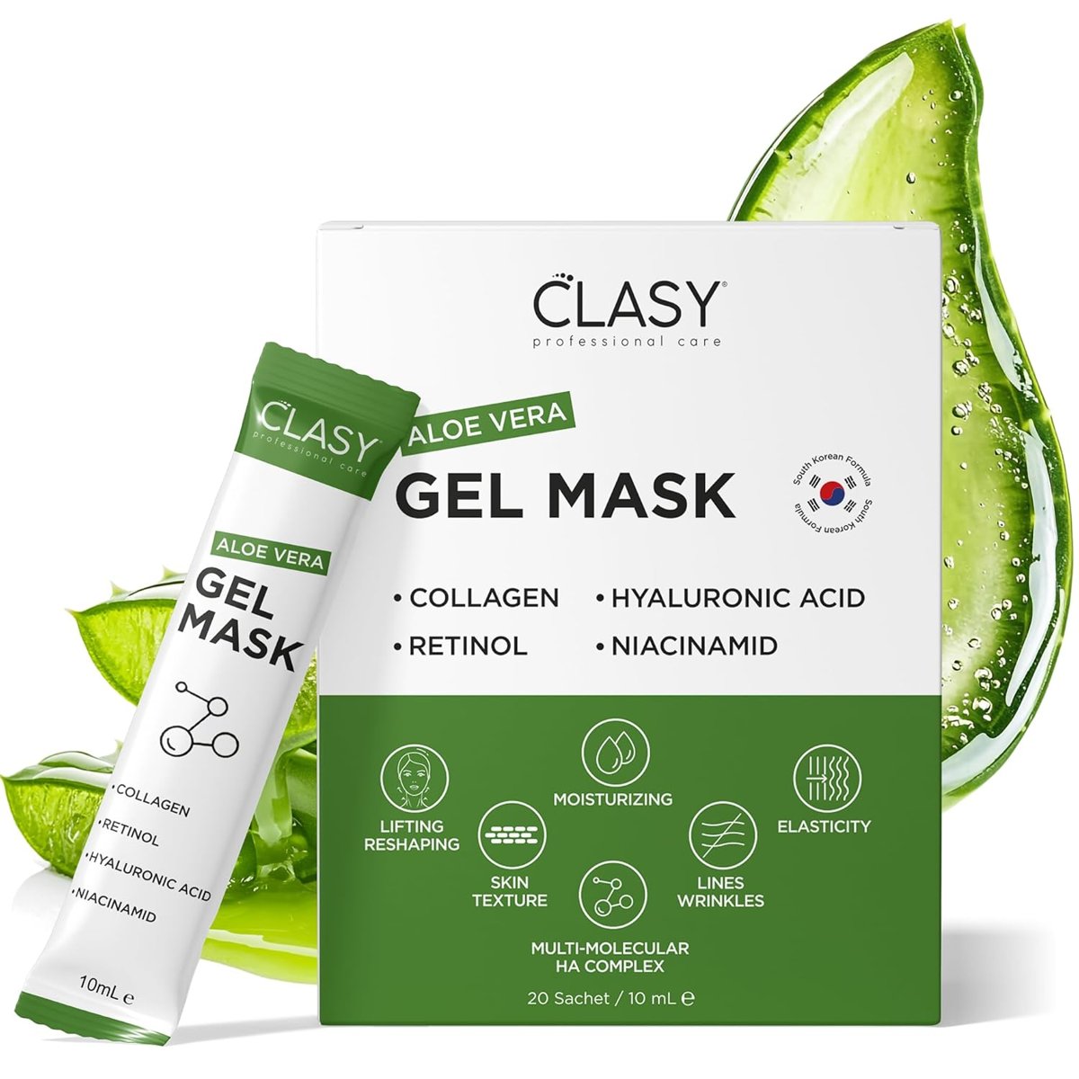 Clasy Care Aloe Vera Jel Maske - Kolajen ve Retinol ile Nemlendirici Yüz Maskesi - Güneş Yanığına Karşı Ferahlatıcı Bakım - Seyahat Boyu