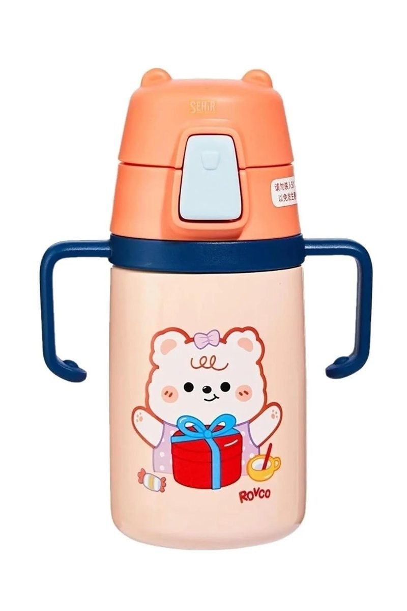 Rovco 400ml Silikon Pipetli Sevimli Ayıcıklı Boyun Askılı Bebek Kulplu Paslanmaz Çelik Termos (Turuncu)