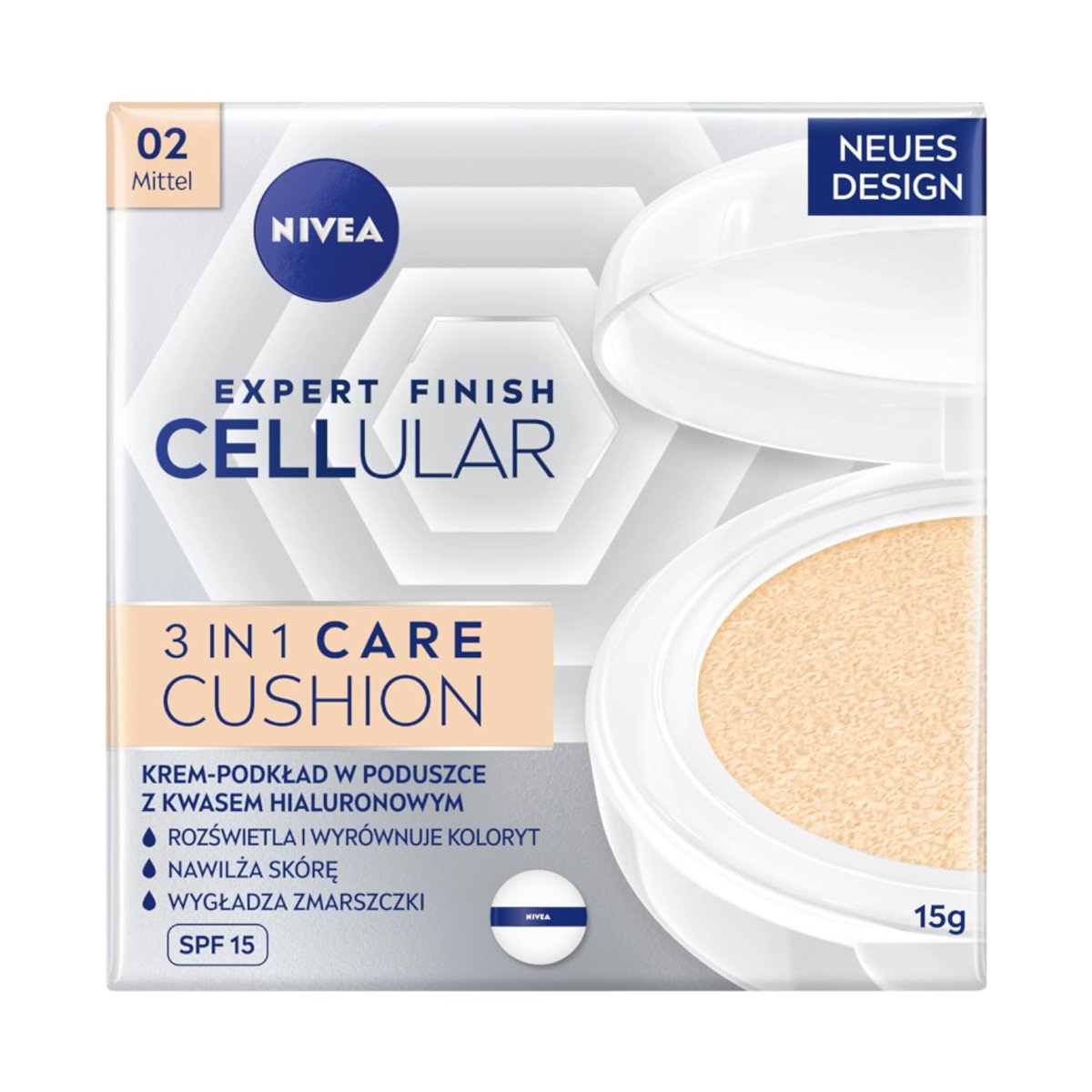 NIVEA Cellular Expert Finish Cushion Renkli Yüz Bakım Kremi 15ml, SPF15 Güneş Koruyucu, Orta Ton, Nemlendirici, Doğal Renk,Hyaluron,Kolajen