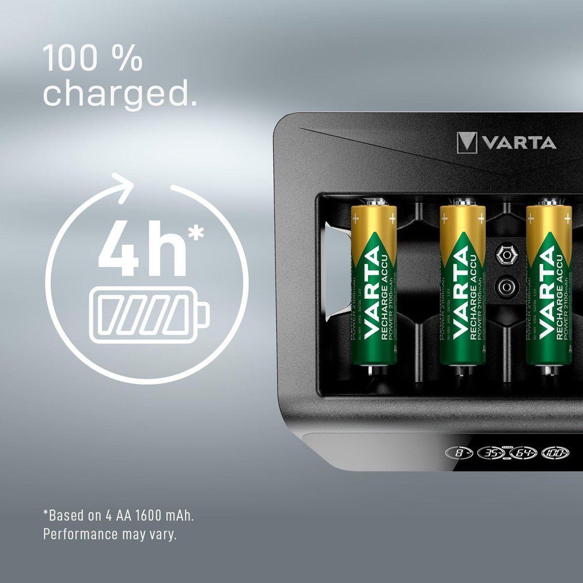 VARTA Akü şarj cihazı, şarj edilebilir AA/AAA/C/D/9V ve USB cihazlar için, LCD Universal Charger+, tek yuvalı şarj, donanımsız, siyah