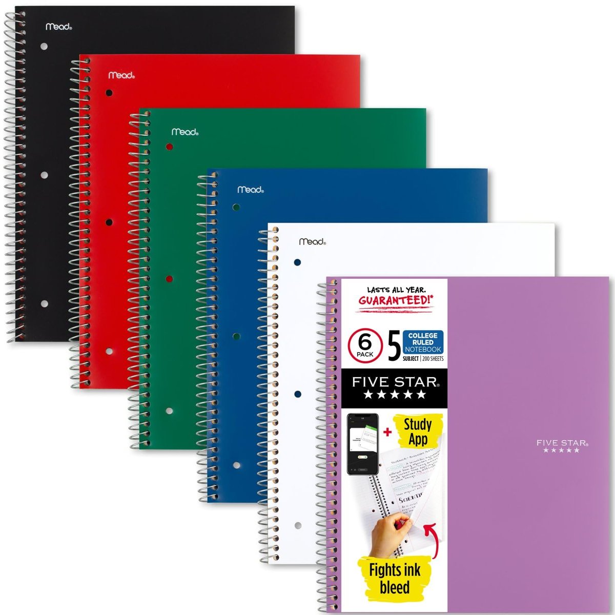 Five Star Spiral Notebook, 5 Subject, College Ruled Paper, 200 Yaprak, 11" x 8-1/2", Çeşitli Renkler, 6'lı Paket (73793)