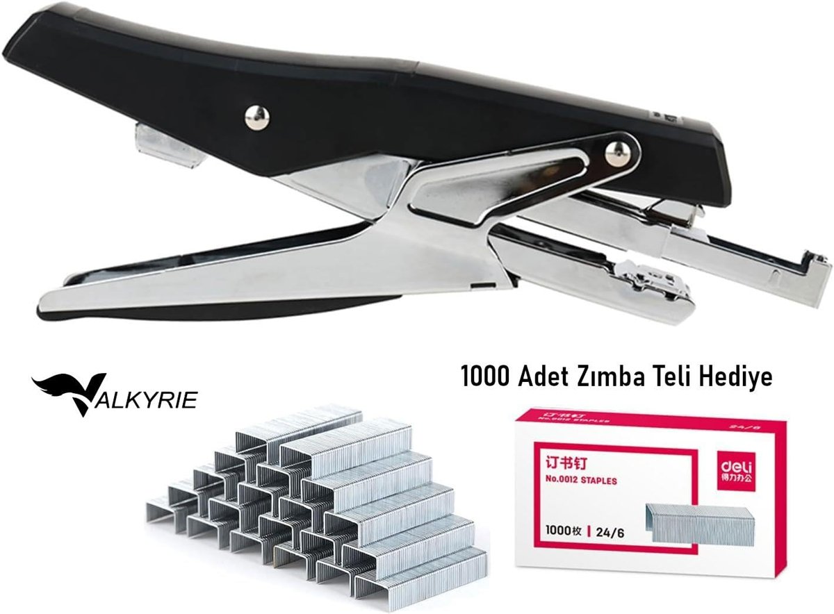 Valkyrie Profesyonel Metal Zımba Tabancası 60 Sayfa Kapasite 1000 Zımba Teli HEDİYE Ofis ve Ev Dayanıklı Siyah