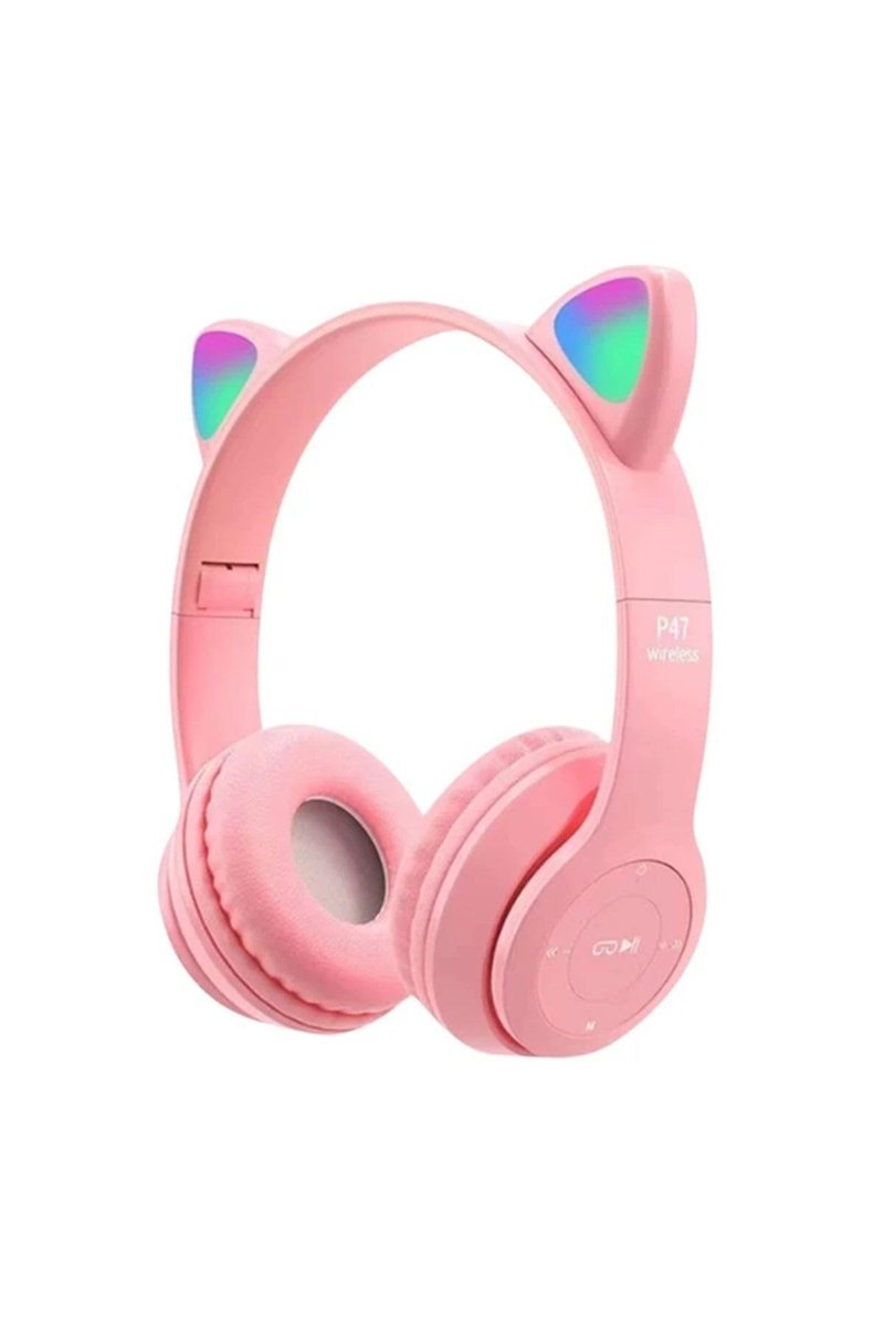 Teknosepetim Kablosuz Bluetooth 5.0 Led Işıklı Kedili Şık Kulaklık Hediye Çocuk Oyuncu, Pembe