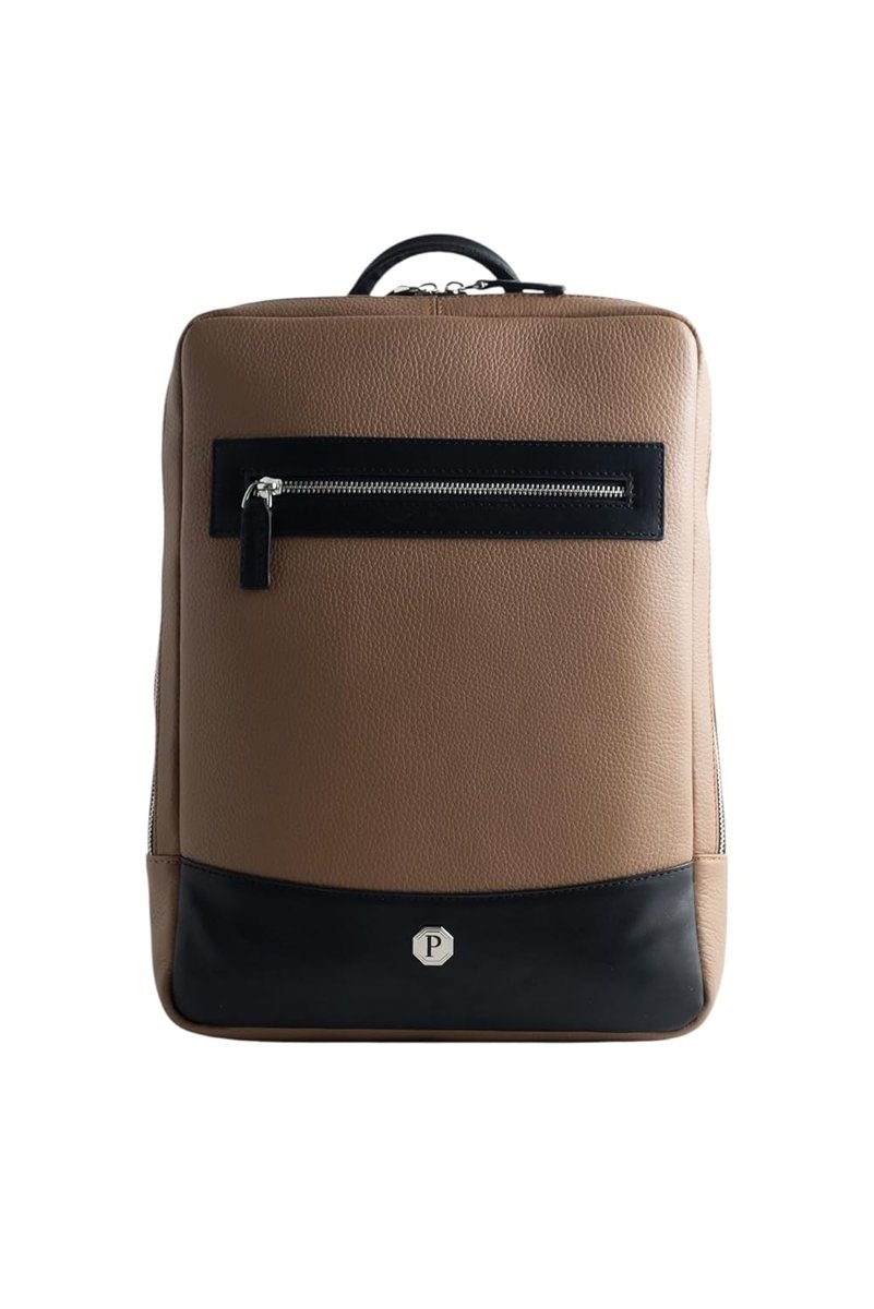 Paftalı Leather Macbook & Laptop Orta Boy Sırt Çantası, 38x26x6 cm, Modern Tasarım, Siyah (Taba Kahve) Vegan Deri