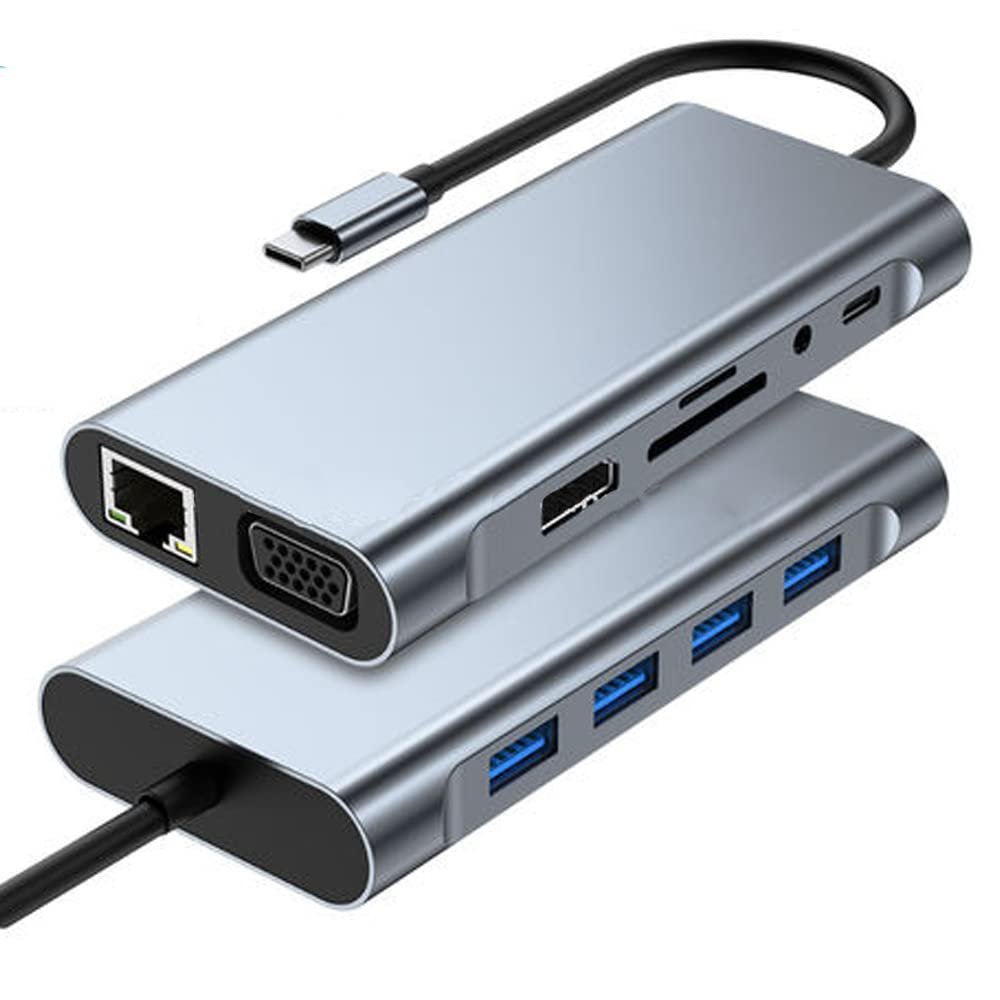Coverzone 11 in 1 Type-C To USB Hub HDMI (4K),Audio/, Type-C/, 4X USB 3.0/, LAN/, VGA/, SD Card Read