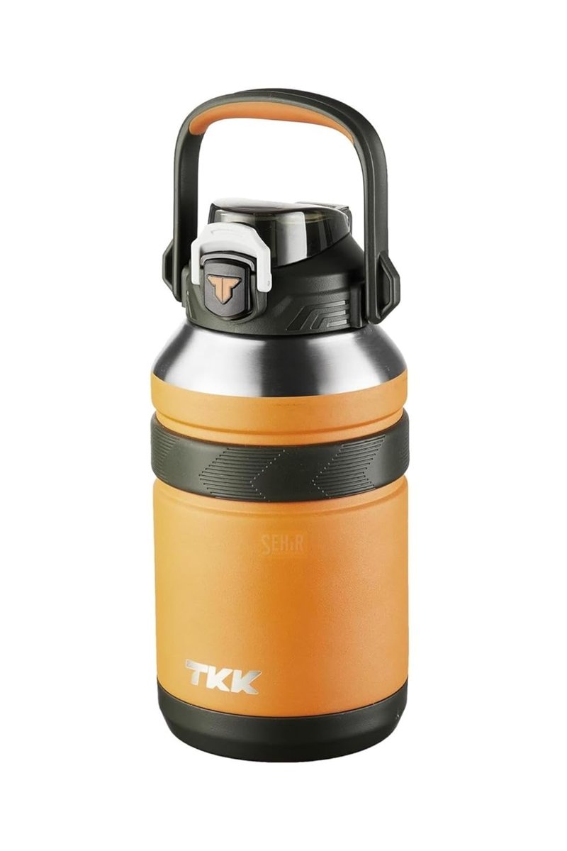 TKK Büyük Boy 1000ml Pipetli/Pipetsiz Kullanım Askılı Paslanmaz Çelik Termos Matara (Turuncu)