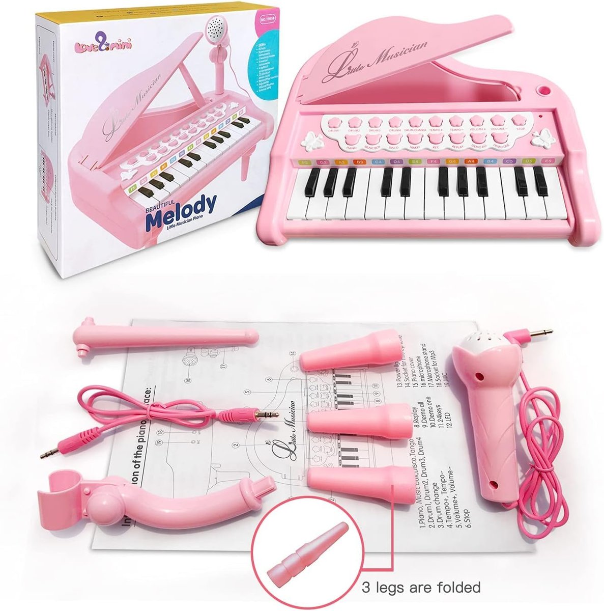 LoveMini Çocuklar için piyano oyuncak klavye doğum günü hediyesi yaş 1+pembe 24 tuşları yürümeye başlayan piyano müzik oyuncak aletleri mikrofon ile