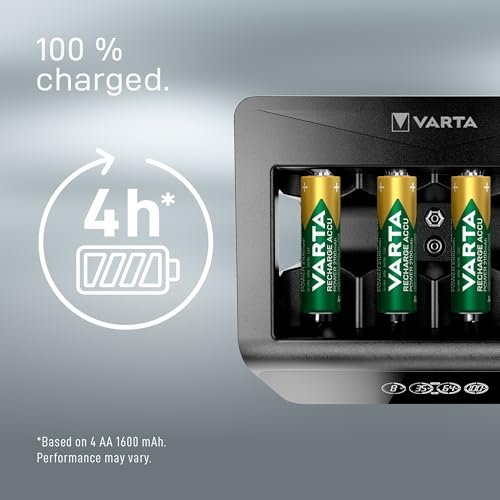 VARTA Akü şarj cihazı, şarj edilebilir AA/AAA/C/D/9V ve USB cihazlar için, LCD Universal Charger+, tek yuvalı şarj, donanımsız, siyah