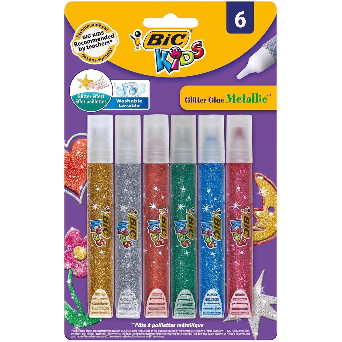 BIC Kids Metalik Simli Yapıştırıcı 6'lı Blister, Su Bazlı Simli Yapıştırıcı, Çoğu Kumaştan Kolayca Çıkar