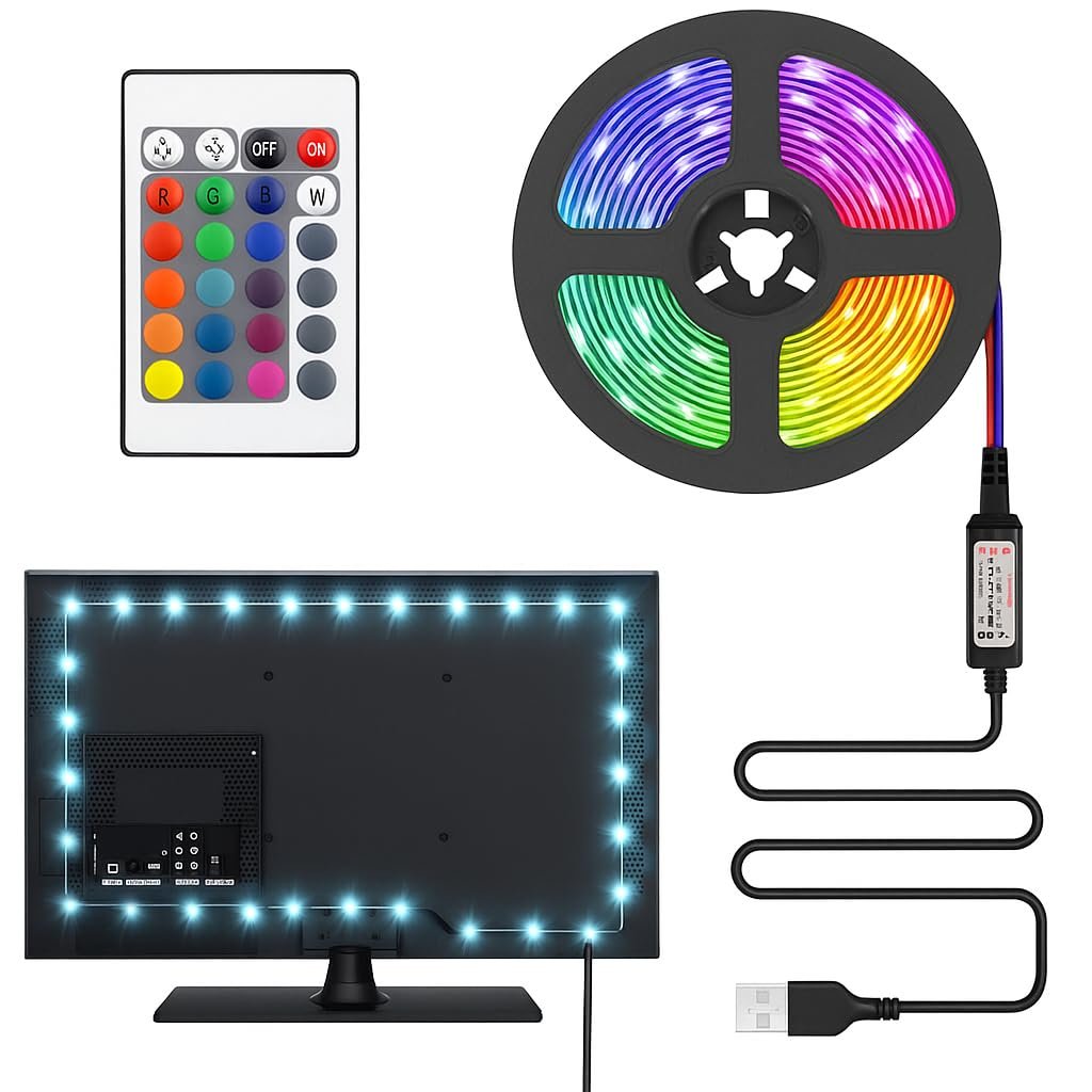 TV ve PC Arkası RGB Şerit LED Işık Seti - 3 Metre, USB Girişli, Kumandalı, 352 Renk Seçeneği, IP20 İç Mekan, 4W Düşük Enerji Tüketimi ct4566