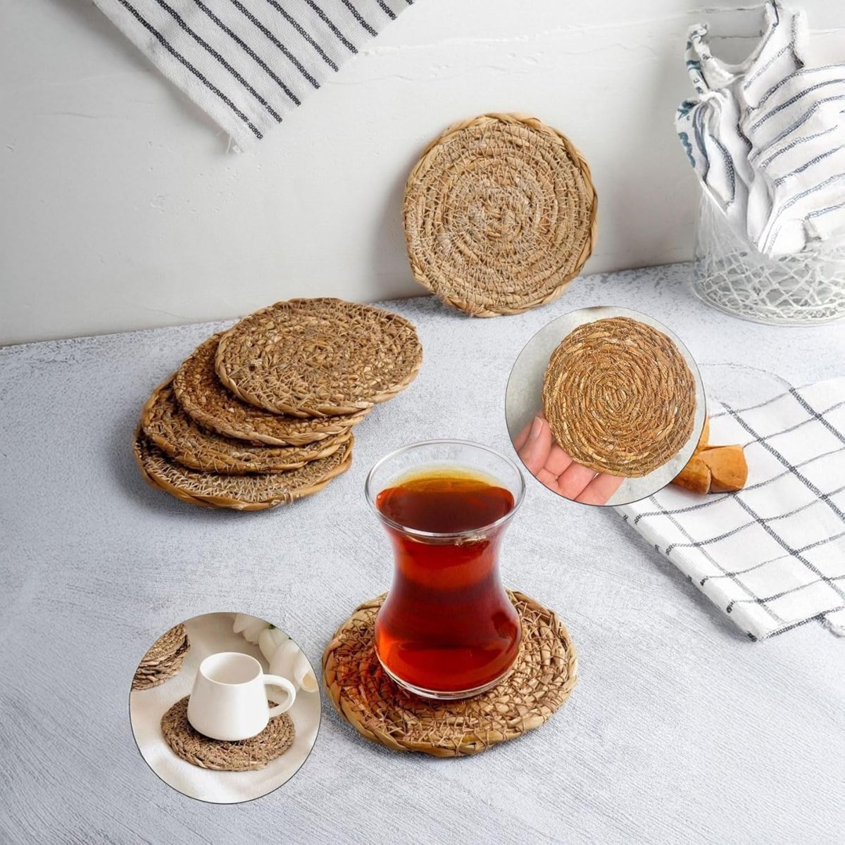 Deconox 6 Adet El Yapımı Yuvarlak Hasır Bardak Altlığı - Fincan, Çay ve Kupa Altlığı - 10cm