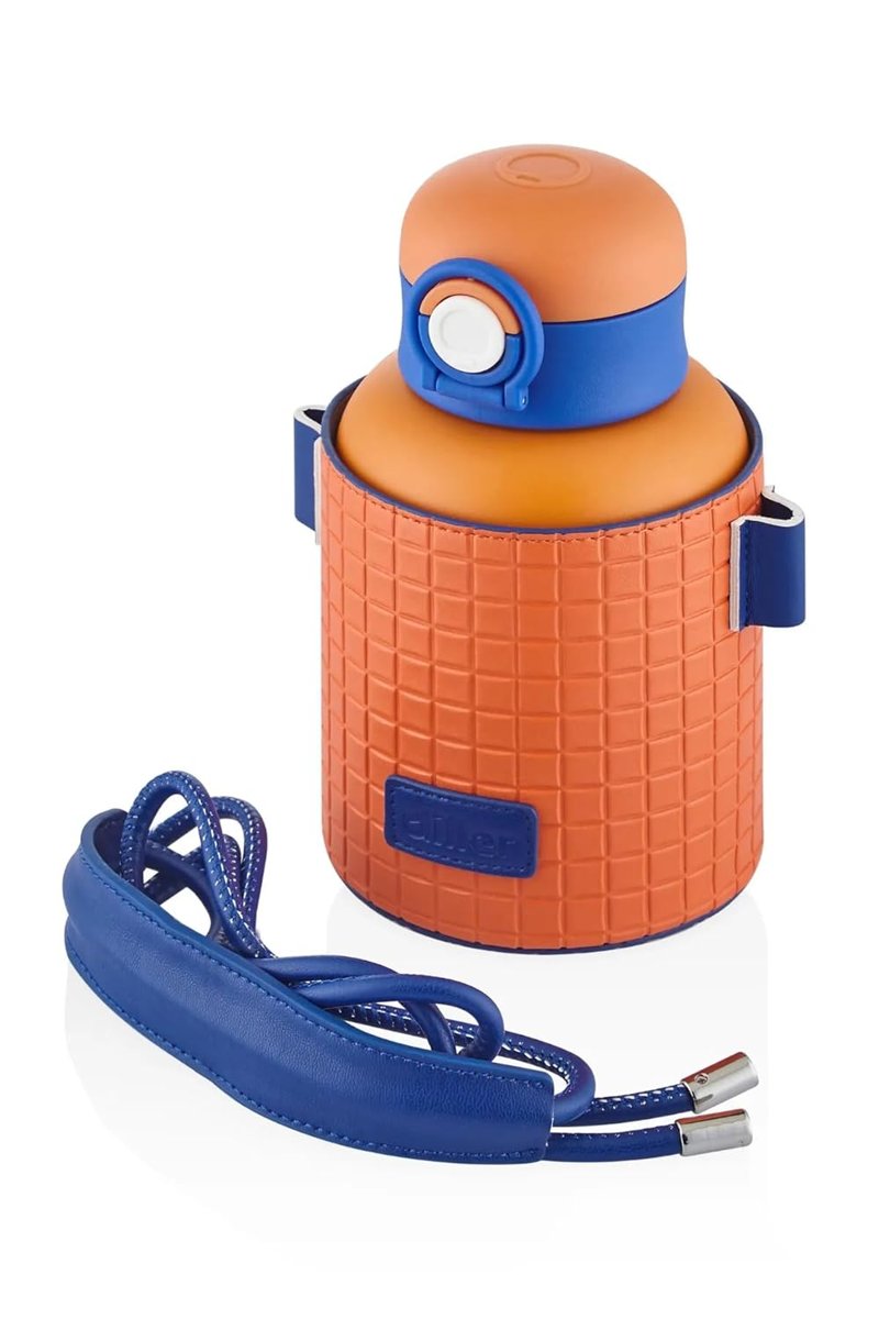 Diller 680ml Moda Waffle Çizgili Deri Kılıf Pipetli Askılı Kilitlenebilir Kapak Çelik Termos Matara