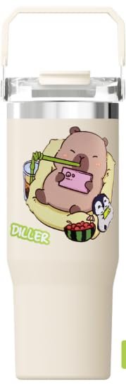 DILLER Tumbler 950 ML Tek Kapak Çift Kullanım Pipetli/Pipetsiz Taşıma Kulplu Çelik Termos-FFDILLERD9358