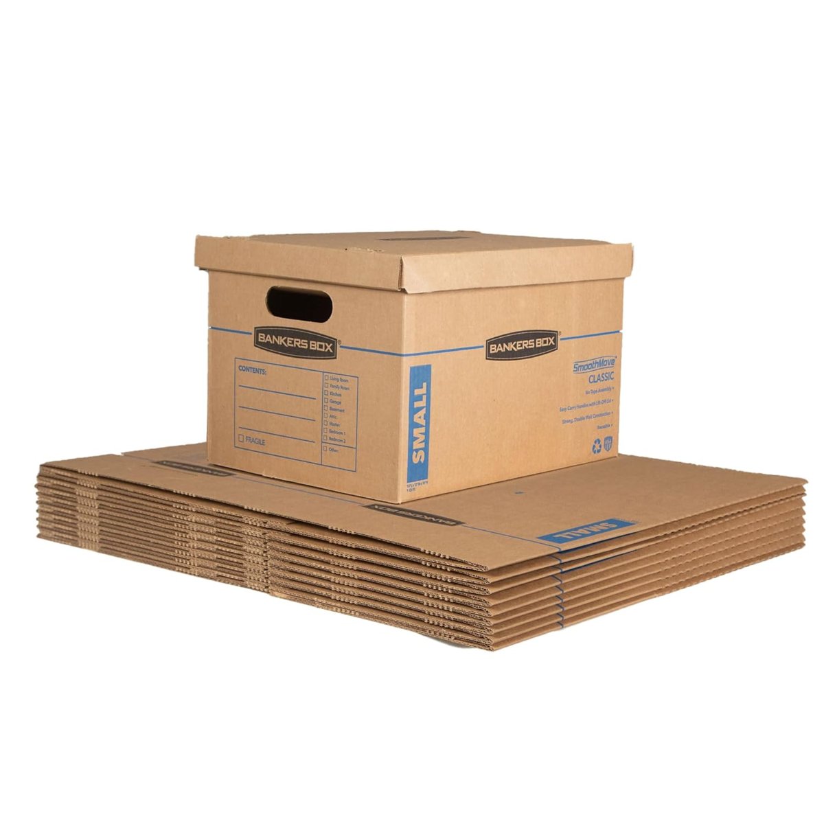 BANKERS BOX ‎7714901 SmoothMove Classic yapışkan bantsız taşınma kartonları, kapaklı ve kolay taşıma saplı küçük saklama kutuları, 25,4 x 30,5 x 38,1 cm, 10 adet