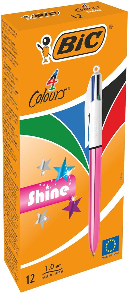 BIC 4 Colours Shine Pembe Gövde Tükenmez Kalem 12'li Kutu, 4 Renk (Mavi, Siyah,Yeşil ve Kırmızı), 1.