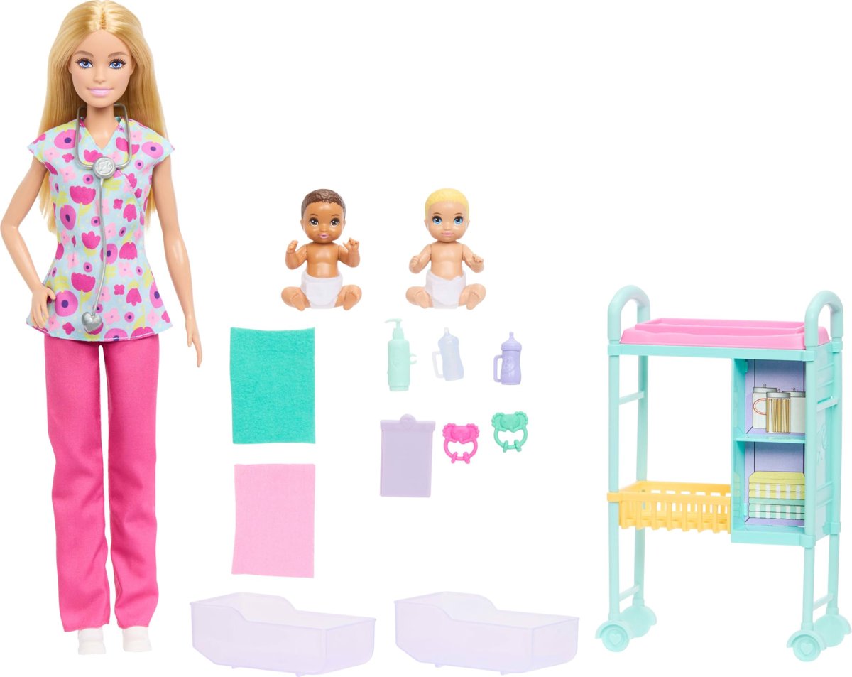 Barbie Kariyer Bebekleri çocuk doktoru oyun seti, üniforma giyen sarışın Barbie bebek, 2 bebek figür