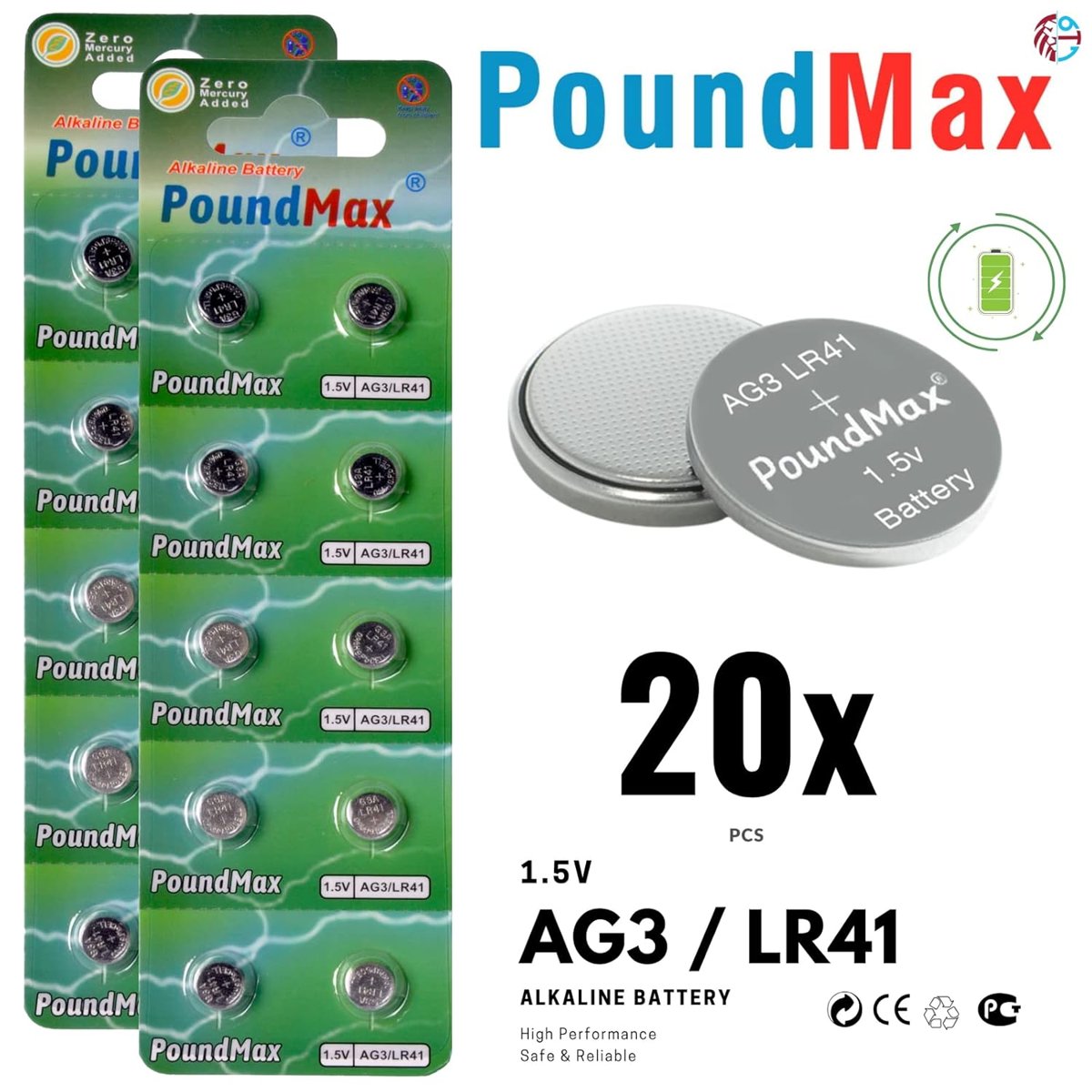 20 X PoundMax AG3 LR41 LR736 / L736 / G3 / G3A / 3GA / 192 / GP192 / V3GA / RW87 1.5V PoundMax Alkalin Düğme Piller Küçük Elektronik Ev Aletleri, Araba Anahtarları, ölçüm cihazları
