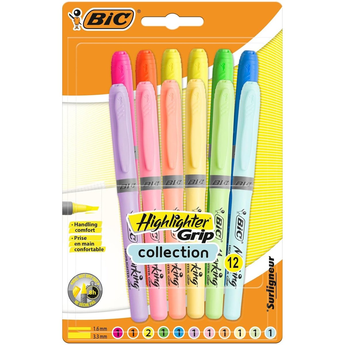 BIC Vurgulayıcı Tutacağı, Ekstra Konfor için Fitilli Kauçuk Tutucu, Su Bazlı Mürekkep, Çeşitli Yoğun ve Pastel Renkler, 12'li Paket