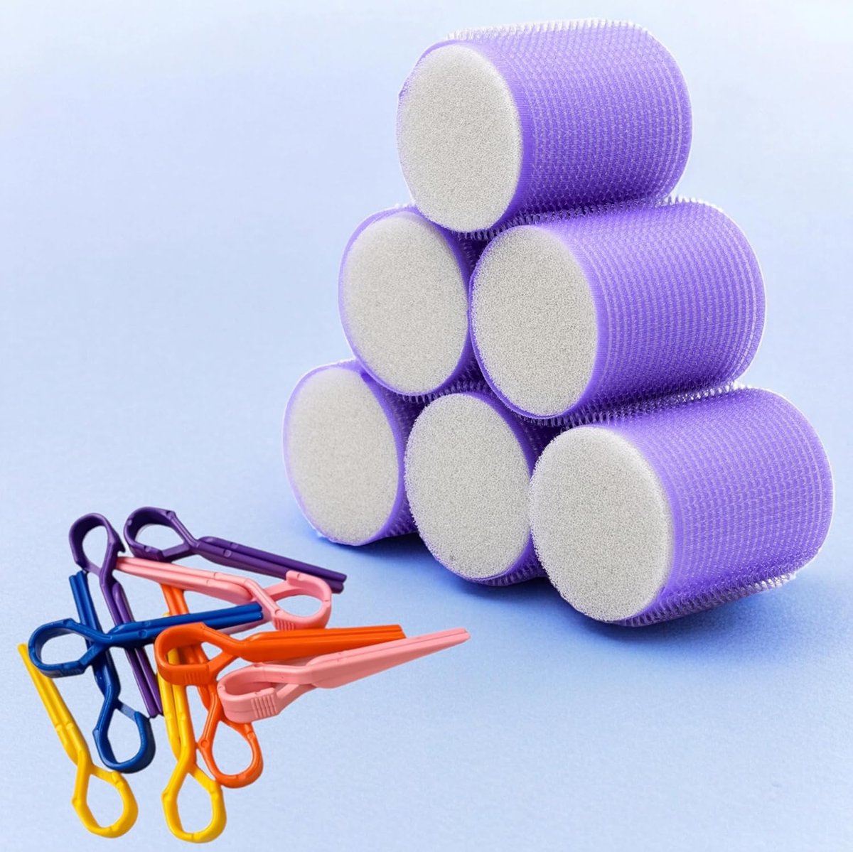 Croc 1203 Mor Cırtlı Sünger Bigudi 6Lı Çap 5Cm +10Lu Plastik Saç Pensi