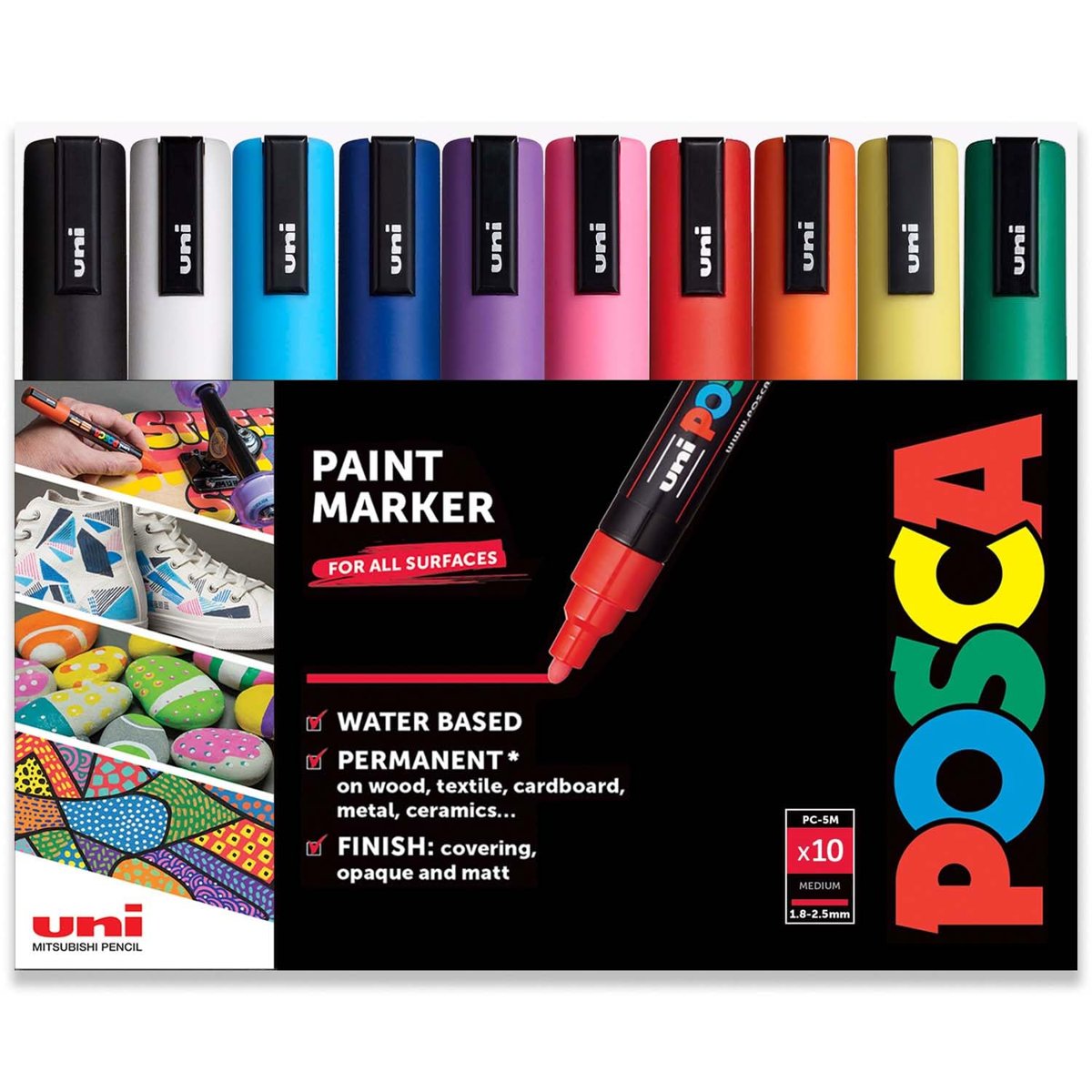 POSCA Su Bazlı Kalıcı Markör Boya Kalemi - Çoklu Yüzey Kullanımı - PC-5M, 1,8-2,5 mm Orta - 10'lu Paket