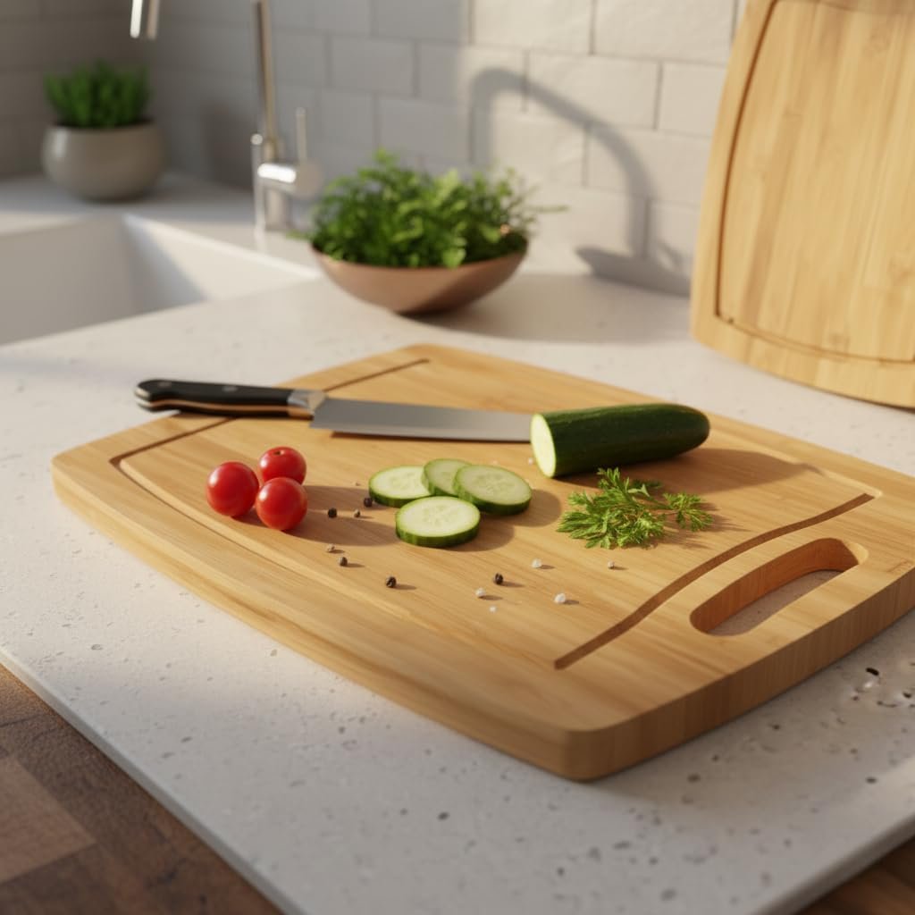 Deconox Antibakteriyel Bambu Kesme Tahtası (34x24 cm) | Oluklu, Saplı Dikdörtgen Doğrama Tahtası | H