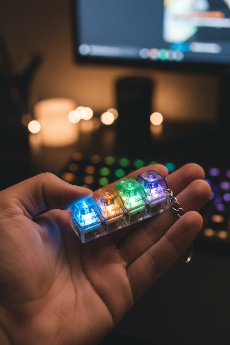 Busstier Işıklı Klavye Stres Giderici Anahtarlık, Mekanik Tuşlu Click Sesli RGB LED Işıklı Mini Klavye Anahtarlığı, Şeffaf Tasarım Taşınabilir Gamer Aksesuarı