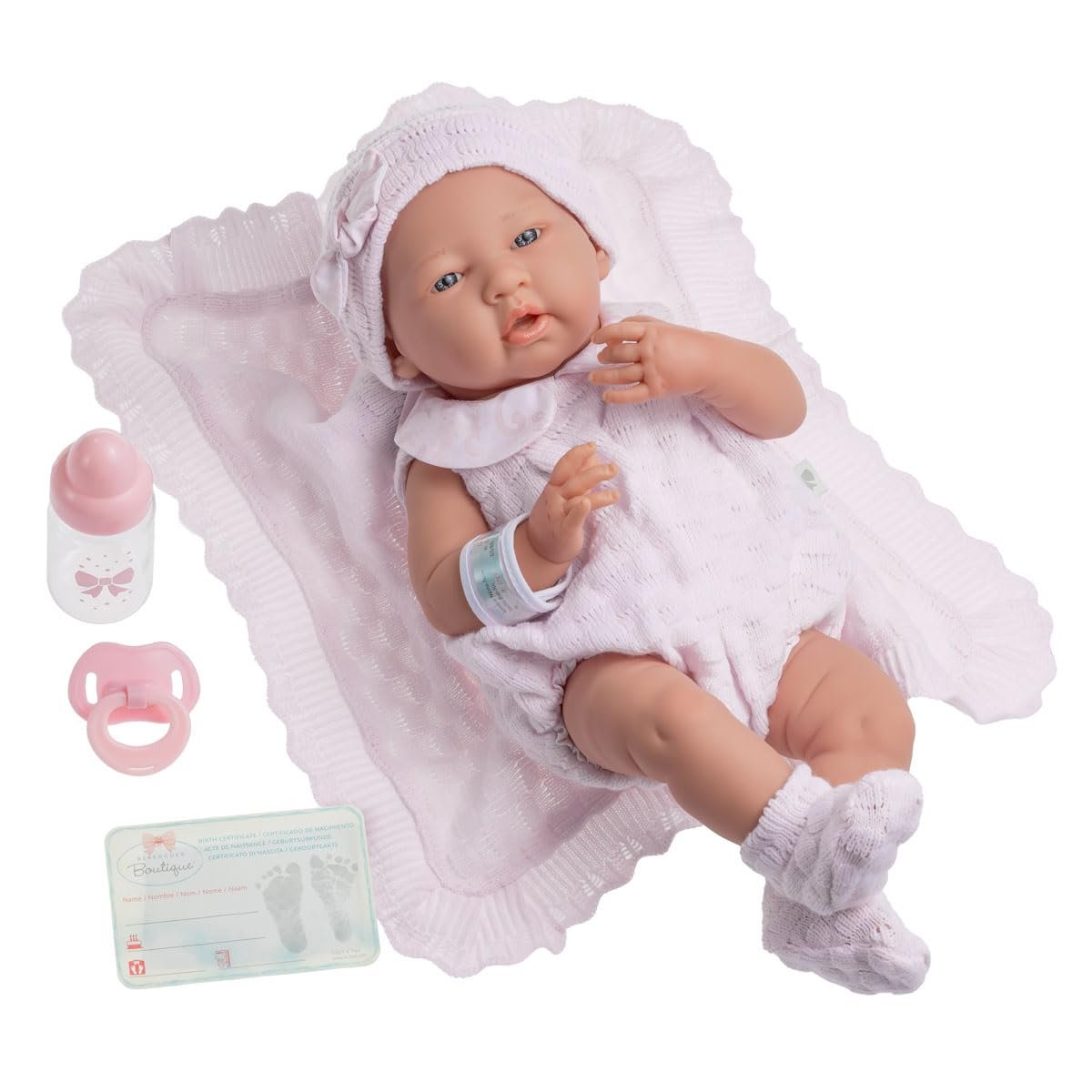 JC TOYS Berenguer Baby-Puppe in Rosa Strickstrampler mit Decke, Vinyl, Mädchen