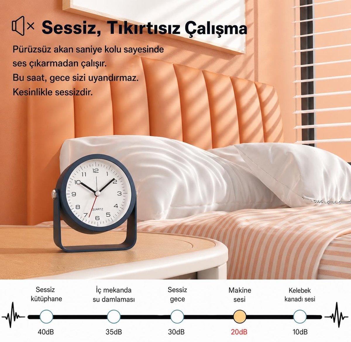 Valkyrie Sessiz Çalışan Mini Masa Saati | Akıcı Mekanizma, Gece Işıklı, Şık Dekoratif Lacivert