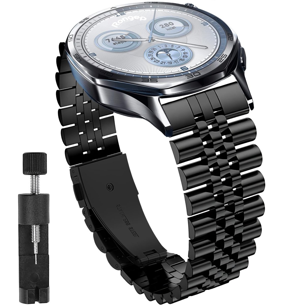 Rongep Huawei ile Uyumlu Prestige Model 22mm Çelik Kordon GT5/GT5 Pro/GT4/GT3/GT3 Pro/GT2/GT2 Pro 46mm için Katlanır Toka Mekanizmalı Paslanma Yapmayan Metal GT5 46mm Kordon (Siyah)