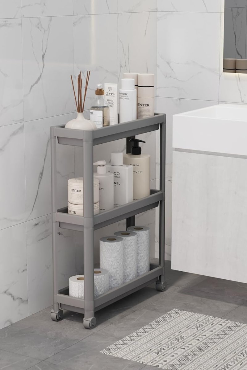 Mithra Life 3 Katlı Tekerlekli Slim İnce Gri Banyo Mutfak Rafı Polipropilen Plastik MIT1127