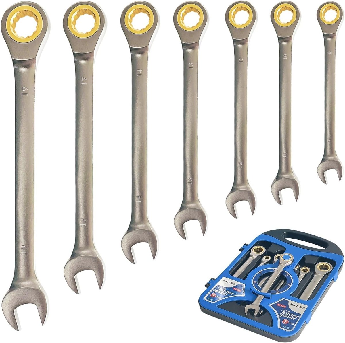 AEE® Professional 7 Parça Cırcırlı Kombine Açık Anahtar Seti | 72 Diş Ratchet Anahtar Takımı | 8-10-12-13-14-17-19 mm | CR-V Çelik | Otomotiv, Sanayi, Ev & Atölye Kullanımı İçin | Taşıma Çantalı