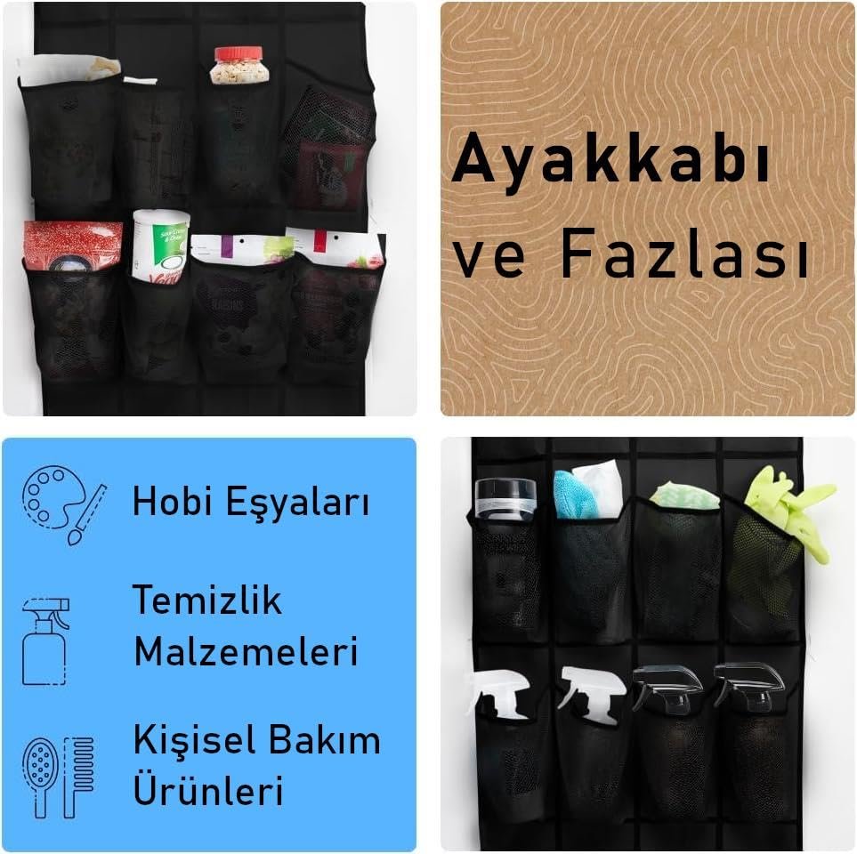 Valkyrie Kapı Arkası Ayakkabı Organizer 24 Gözlü – Askılı Dolap İçi Düzenleyici 4 Kancalı Siyah