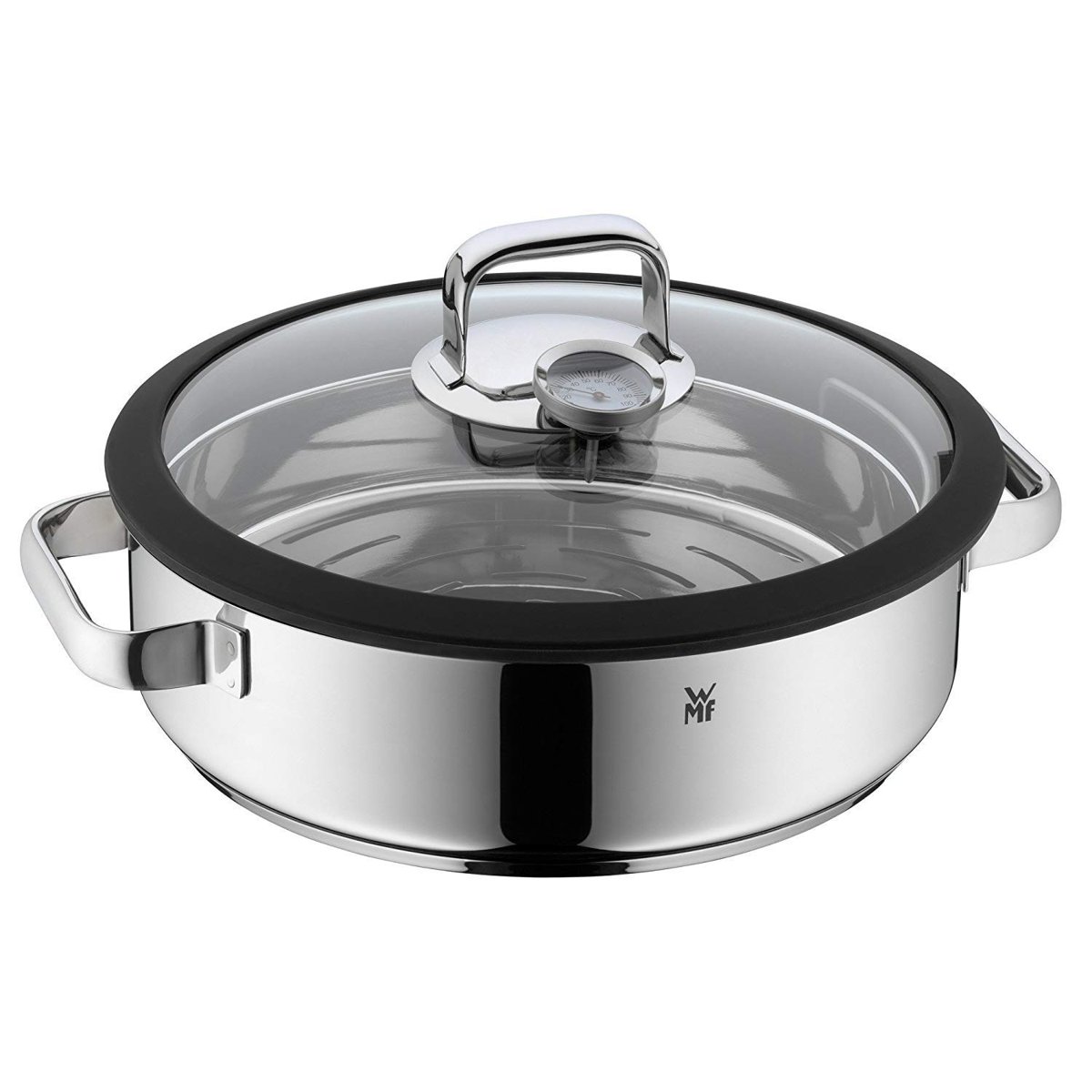 WMF Vitalis Aroma Buharlı Pişirme Tenceresi, 28 cm, 5 L, Cam Kapaklı, Silikon Kenarlı, Pişirme Termometresi ve Buharlı Pişirme Tepsili, Cromargan® Yüksek Kaliteli Paslanmaz Çelik, Fırına Uygun