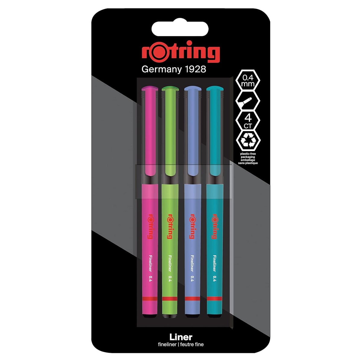 rOtring Fineliner, İnce Keçe Uçlu Kalem 0.4 mm, 4'lü Paket, Canlı Renkler