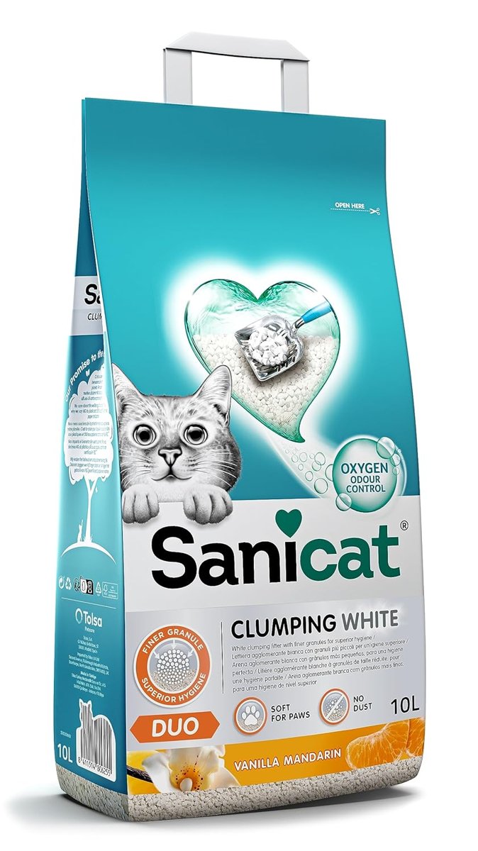 Sanicat - Beyaz Topaklanan Kedi Kumu - Vanilya ve Mandalina Kokulu | Koku Kontrolü Garantili Doğal m