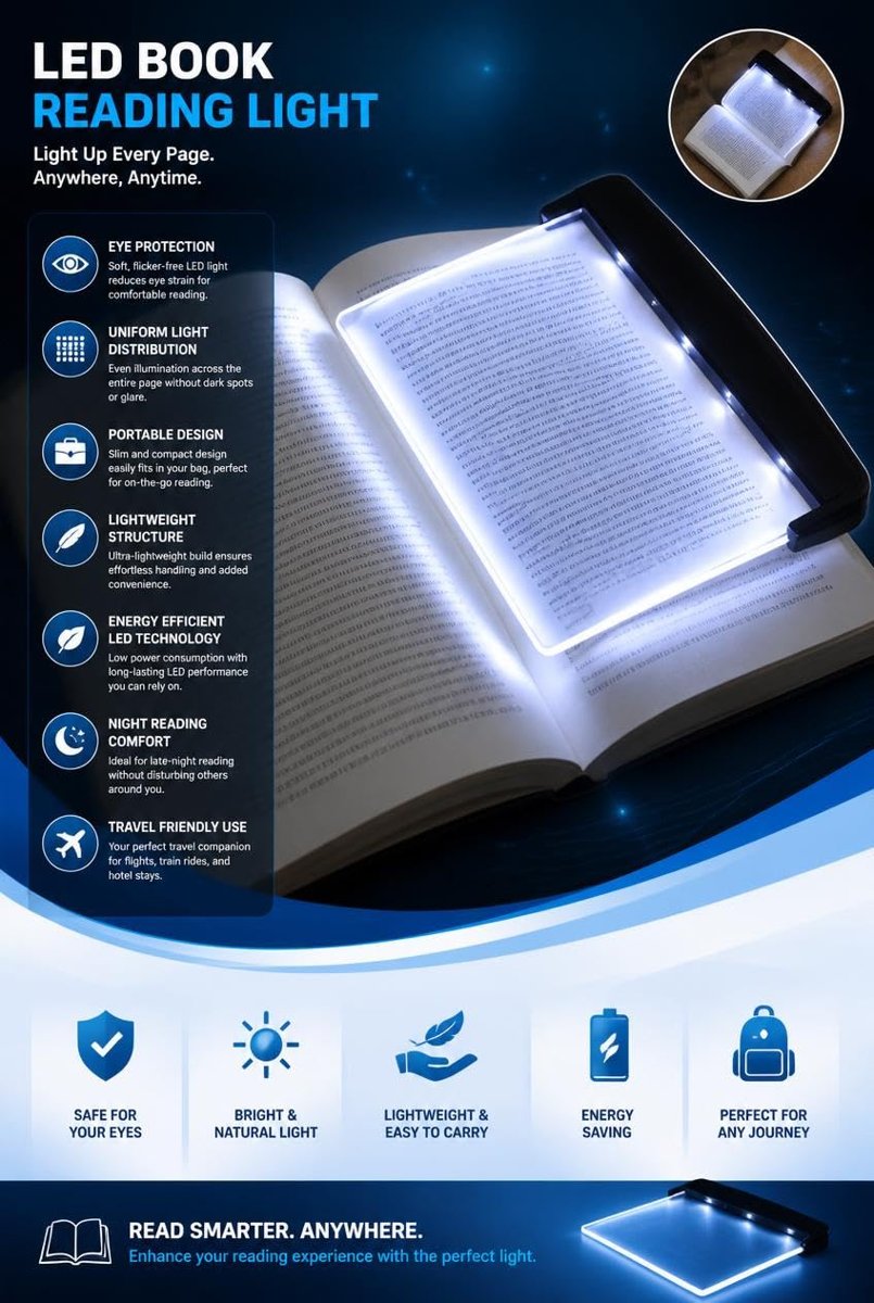 Busstier LED Kitap Okuma Işığı, Kitap Arasına Yerleştirilebilir İnce Okuma Lambası, Gece Okuma ve Seyahat İçin Taşınabilir Aydınlatma Paneli