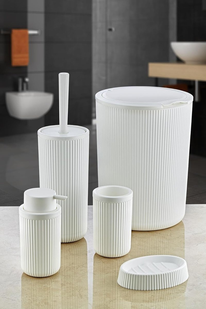 Deconox 5 Parça Lüx Plastik Banyo Seti 7 Litre Dokunmatik Çöp Kovalı, Antibakteriyel Fırça (Siyah-Gri) (BEYAZ)