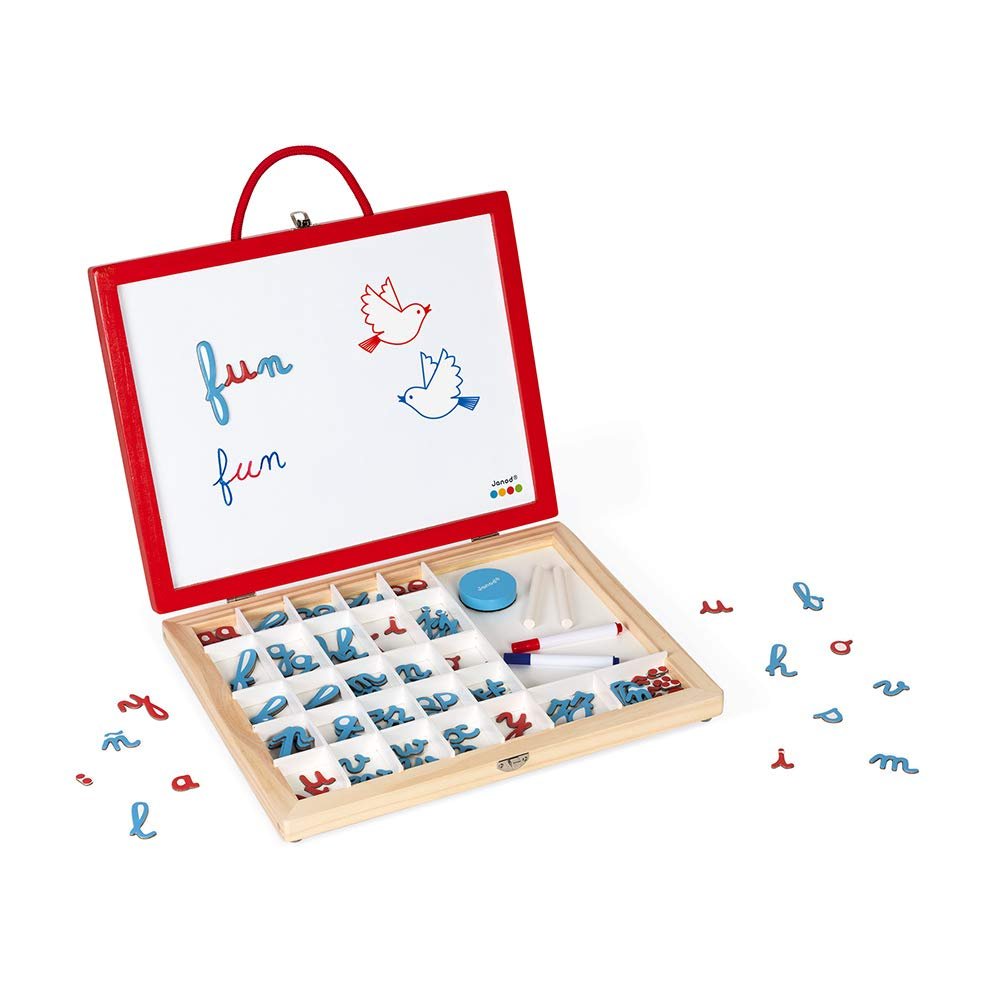 Janod - Essential - Eğitim Oyunu - - Öğrenim Mektupları ve Okuma - 4 1 Ahşap Cursive Mektupları Durumunda 110 Aksesuarlar Dahil - Su bazlı Boya - Yaşları 3 ve yukarı, J05073